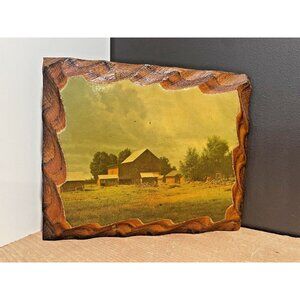 Vintage Decoupage Plaque Carved Wooden Scalloped Edge Wall Art Country Farmhouse